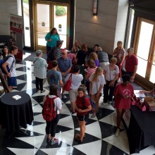 Aerial view of chocolate festival visitors gathered in the Shelby Hall Rotunda